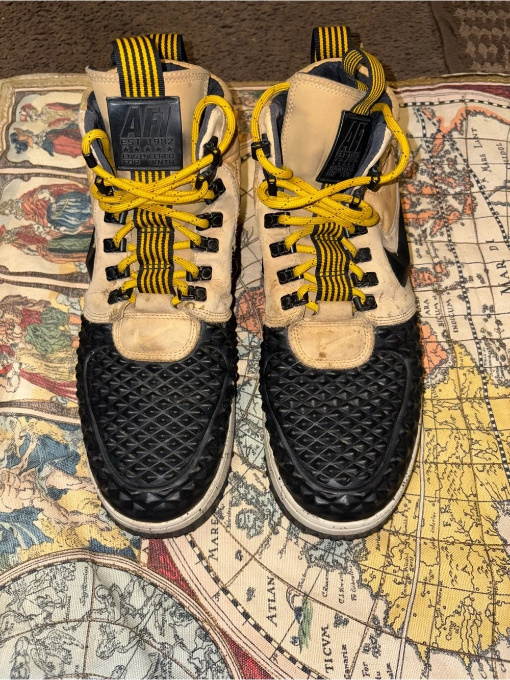 Men's Black and Tan High-Top Sneakers with Yellow Accents